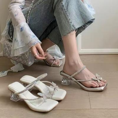 Mode Französisch Elegant High Heel Pantoletten Damen Neu Outdoor Sommer Mode Kristall Schmetterling Dicke Ferse Sandalen Zehensteg Pantoletten