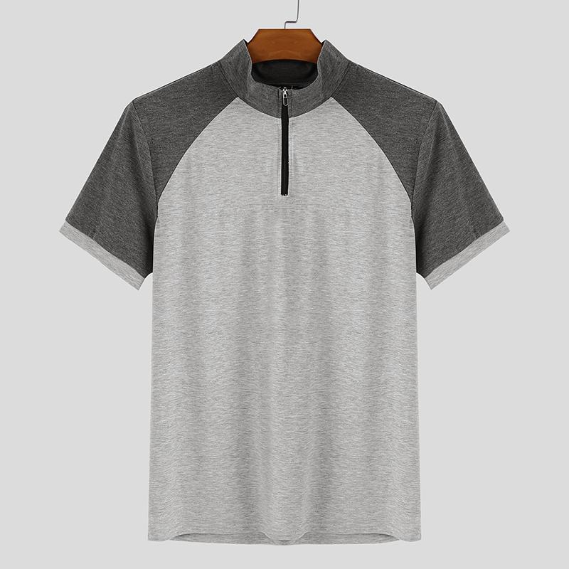 

INCERUN Men High Neck Short Sleeve Zip-up Patchwork Casual T-shirts Tops S