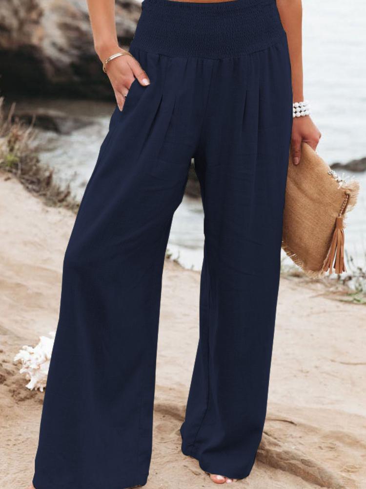 High Waisted Wide Leg Pants with Elastic Waistband, Light Beige Loose Fit Trousers for Women