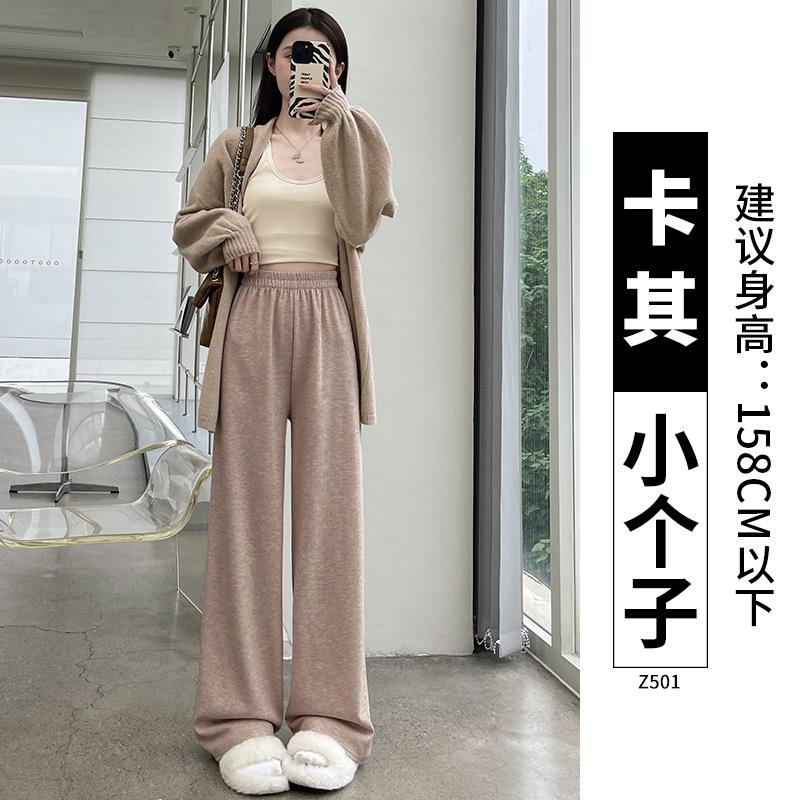 Knitted Cashmere Wide-leg Pants Women's Winter Velvet Thickened Small Oat Narrow Version Straight Autumn and Winter Casual Pants