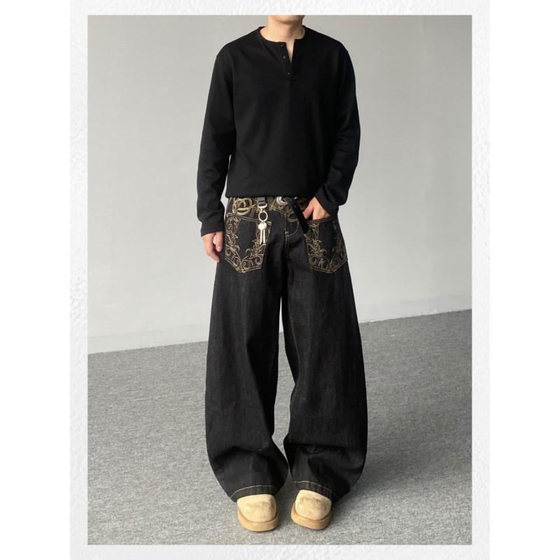 American Style High Street Embroidered Baggy Jeans Men Women Wide Leg Denim Pants