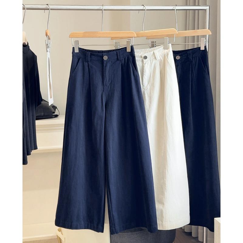 Retro Elastic High-waisted Washed Cotton Wide-leg Pants Women's Spring and Autumn Small Loose and Thin Casual Straight-leg Pants