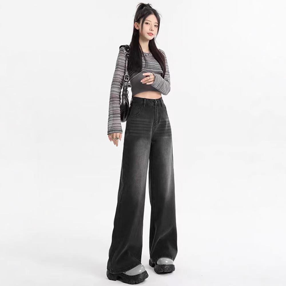 Women's Black Wide Leg Jeans for Pear-Shaped, High Waist Slimming Loose Straight Leg, Floor-Length Trousers for Spring and Autumn.
