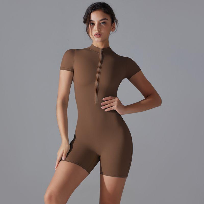 

New Arrival Fashion Summer Zipper Short Sleeve Shorts Yoga Jumpsuit Women s Dance Fitness Tight Sports Jumpsuit 6657 shorts jumpsuit-Chestnut S