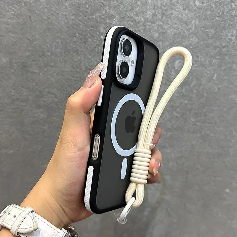 Luxury With Lanyard Magsafe Matte Phone Case For iPhone 17 16 15 14 13 12 11 17 Pro Max Air Magnetic Color Bumper Back Cover
