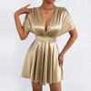 IHUASU Women's Fashion Summer Spring Solid Color Print V-Neck Short Sleeve Casual Dresses