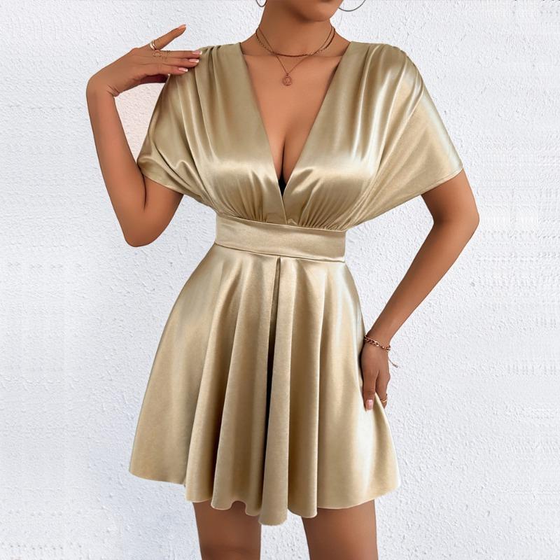 IHUASU Women's Fashion Summer Spring Solid Color Print V-Neck Short Sleeve Casual Dresses