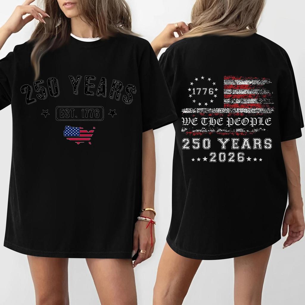 Women's Casual Independence Day 250 Anniversary Printed T-shirt Round Neck Pullover Short Sleeve Top
