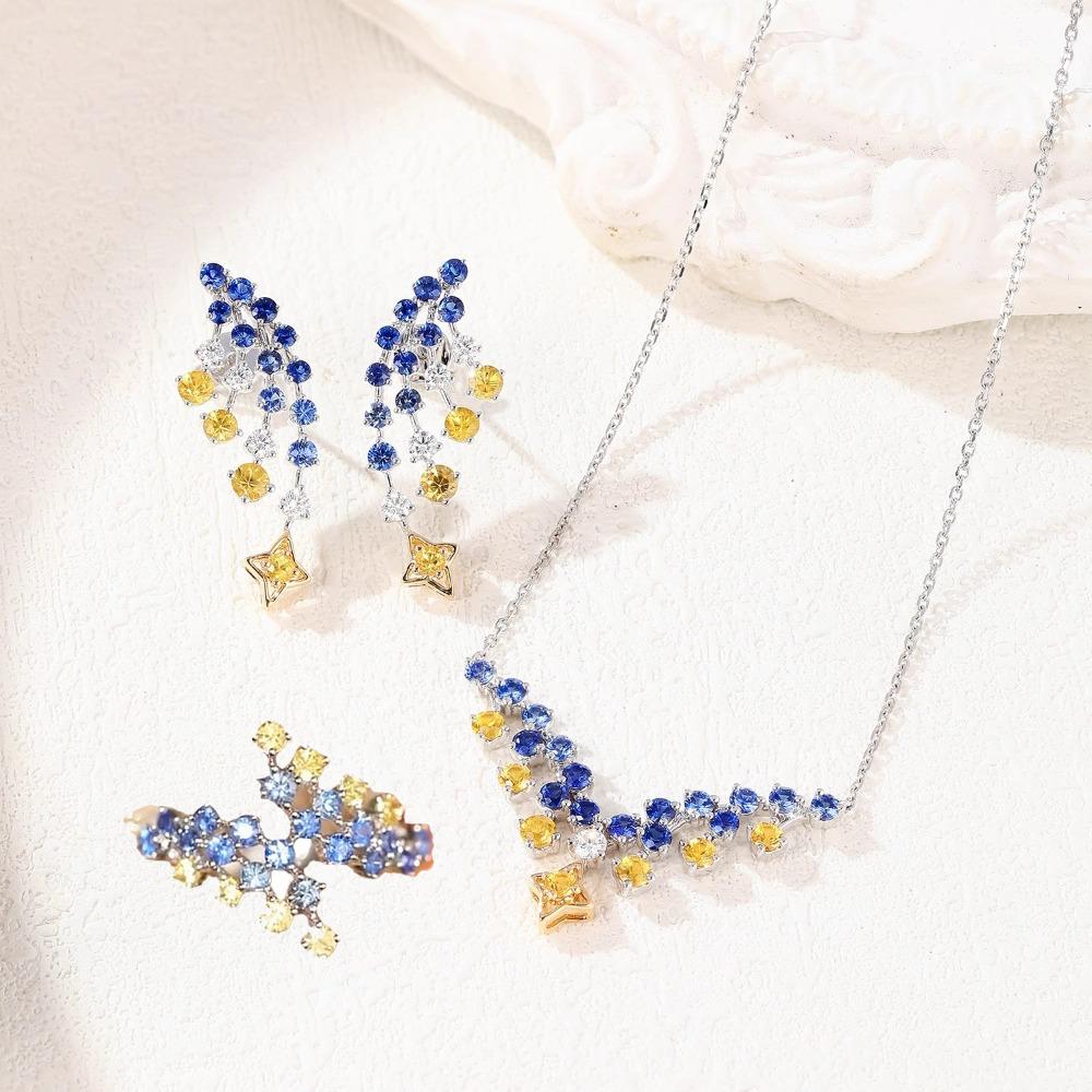 

Elegant French Vintage Women Jewelry Set Blue Sapphire Necklace Diamond Ring Spinel Earrings Butterfly Design