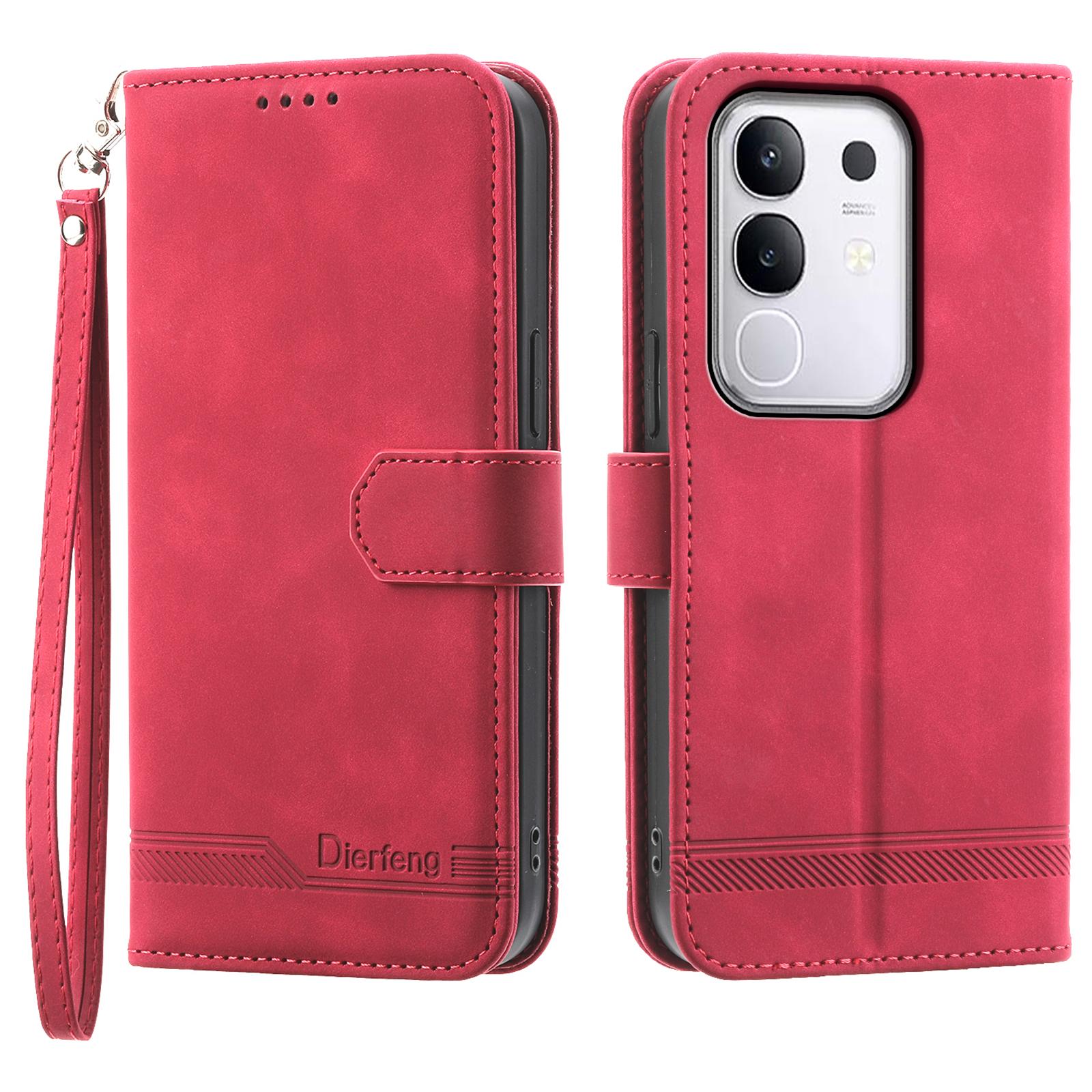

DIERFENG DF-03 For vivo Y29 4G Leather Case Lines Imprint Wallet Phone Cover Red