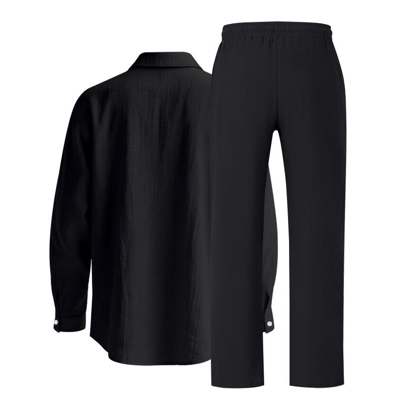 Europäischer & Amerikanischer Leinen Herbst Herren Freizeitanzug: Hemd mit lockerem Revers & Langarm-Strandhose