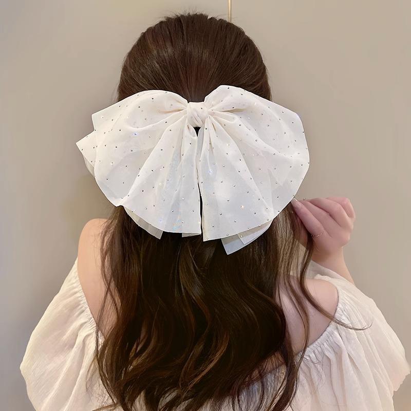 Elegant Temperament Mesh Hair Clip for Woman Rhinestone Large Bow Hairpin Fashion Girl Duckbill Clip