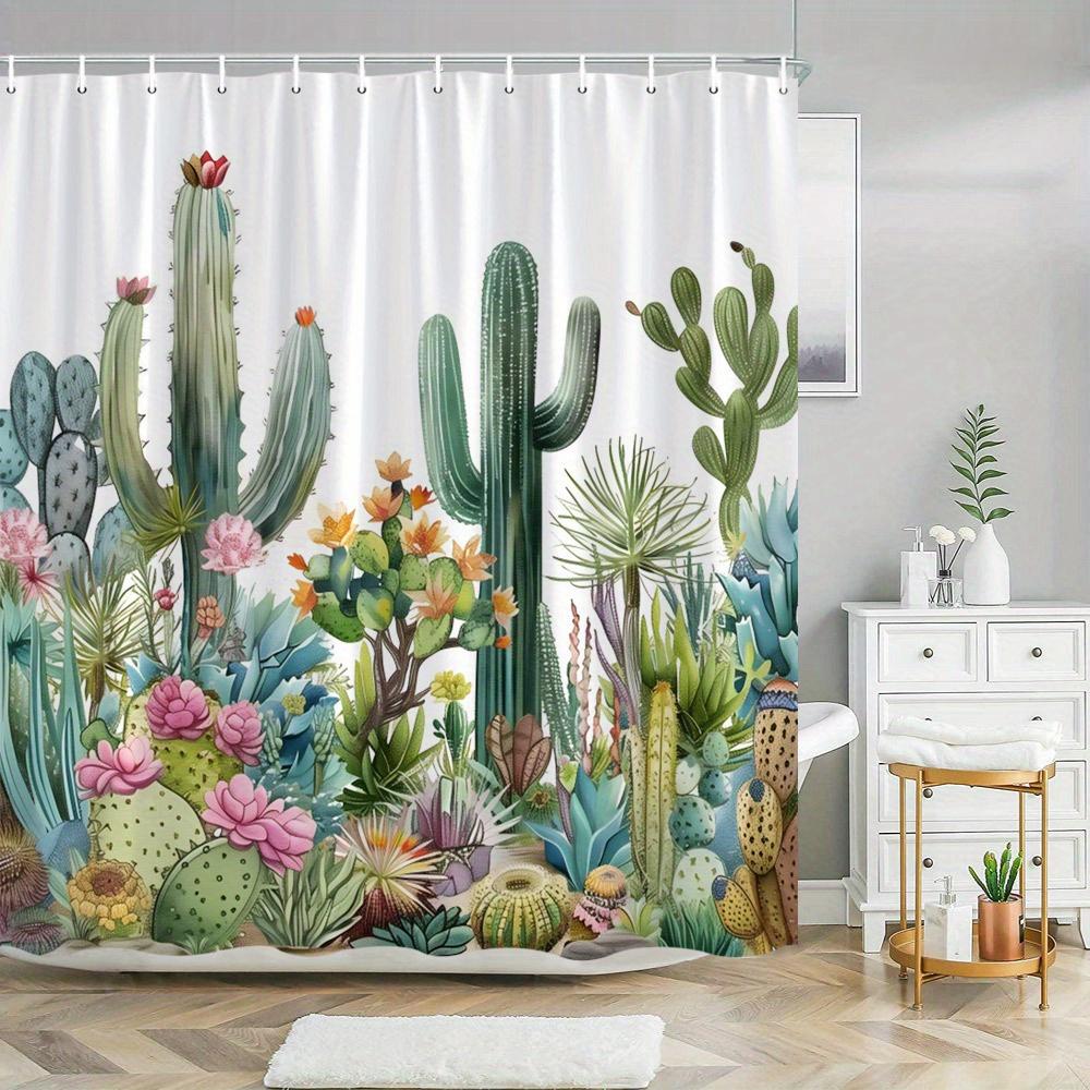 

Desert Garden Shower Curtain - Succulents, Cacti, Pink Flowers, Polyester, 12 Hooks, Nature-Inspired Design W90xH180cm