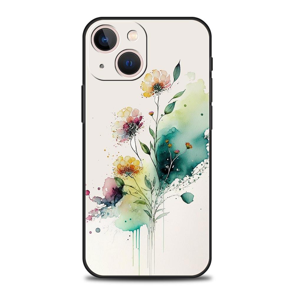 Phone Case For iPhone 17 16e 15 14 13 12 11 Pro Max SE 7 8 Plus Shell iPhone 16 Soft TPU Cover Ink Wash Painting Flower