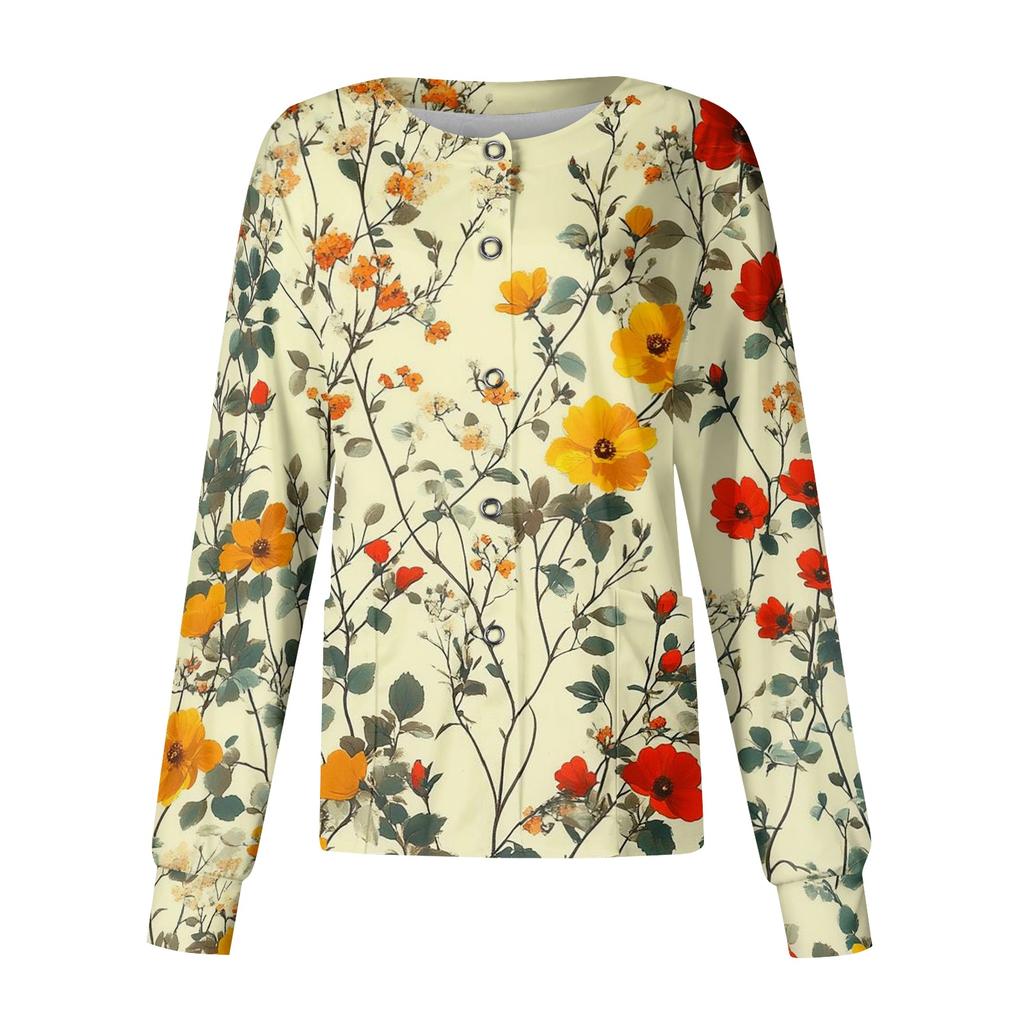 Women Long Sleeve Casual Cardigan Floral Print Button Front Lightweight Open Front Workwear Top