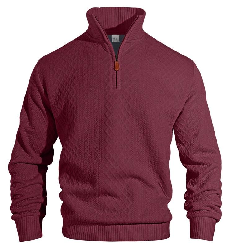 Men's Quarter Zip Pullover Sweater Diamond Jacquard Knit Stand Collar Long Sleeve Casual Sweatshirt For Business & Daily Wear