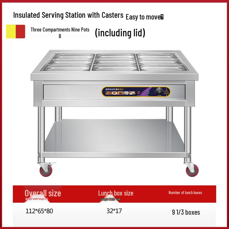Stainless Steel Mobile Food Warming Table with Casters - Insulated Hot Dish Serving Cart