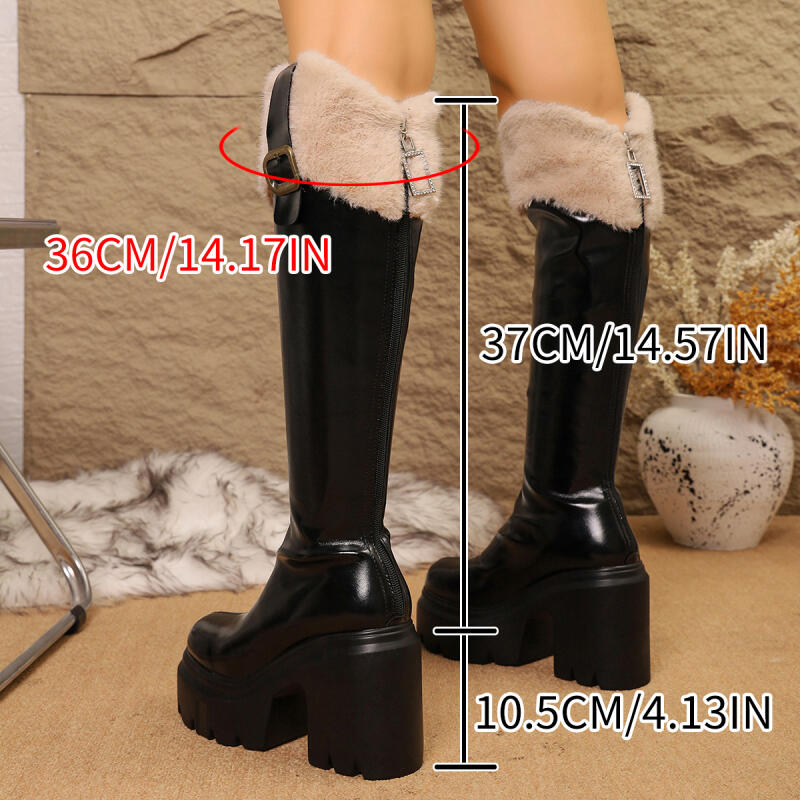 Sexy Platform Super High Heel Riding Boots Women Winter Y2K Metal Buckle Furry Knee High Boots Women Black Long Booties