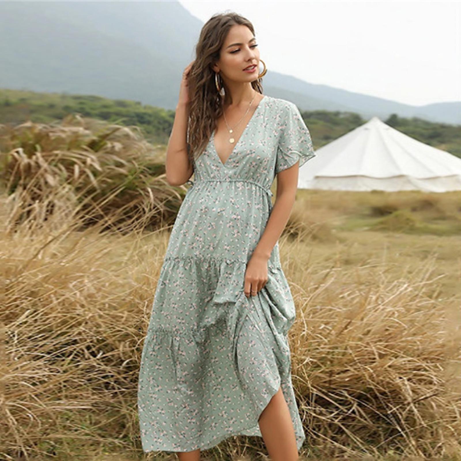 

Women Flower Print -Length Dress V-neck Bohemian Dress Short Sleeve Dress S зелений