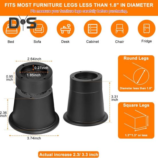 4Pcs Adjustable Round Bed Risers Circle Furniture Risers 3300 Lbs Capacity Non-Slip Design Chair Table Desk Legs Lifting Risers