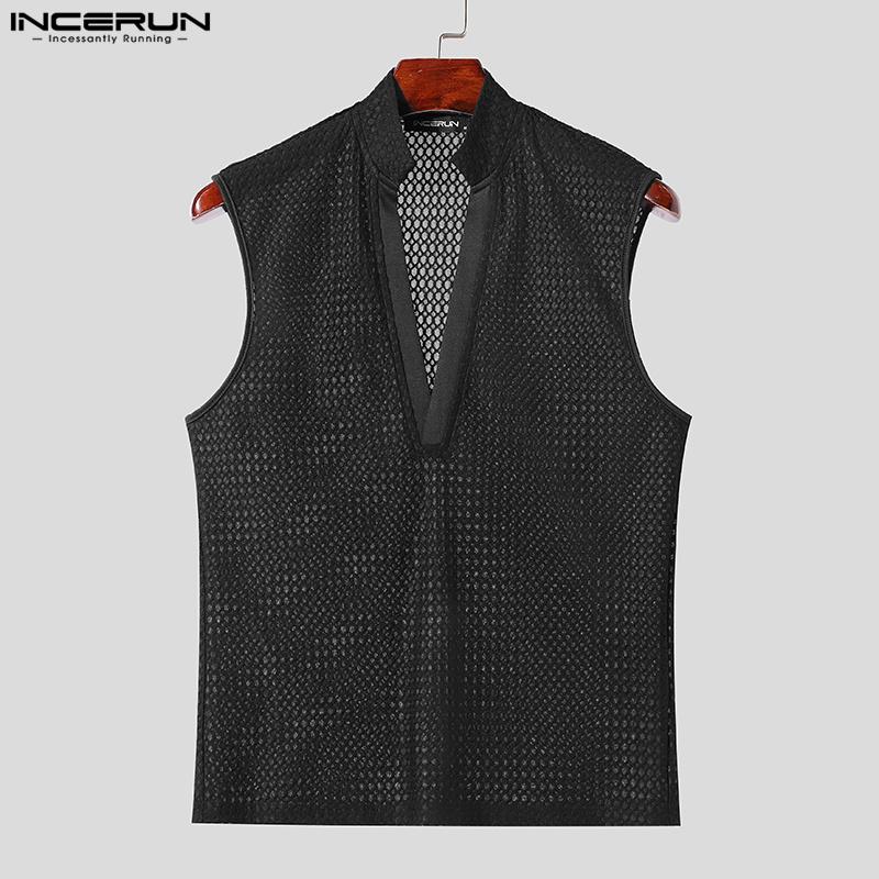 INCERUN Men Summer Sleeveless Mesh Sheer Tanks Transparent T-shirts