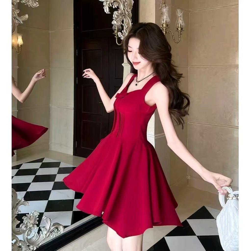 Red Sweet Wind Pure Desire To Show Thin Suspender Short Skirt French Bow Design Sense Temperament Waist Pleated Dress