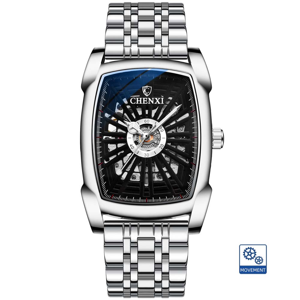 CHENXI Automatic Mechanical Watch for Men Tonneau Shape Skeleton Dial Waterproof Square Wristwatch relojes para hombres