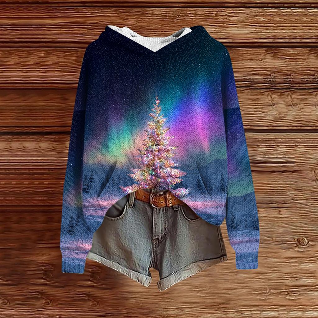 Women's Fashion Casual Long Sleeve Christmas Print Hooded Knitted Sweatshirt