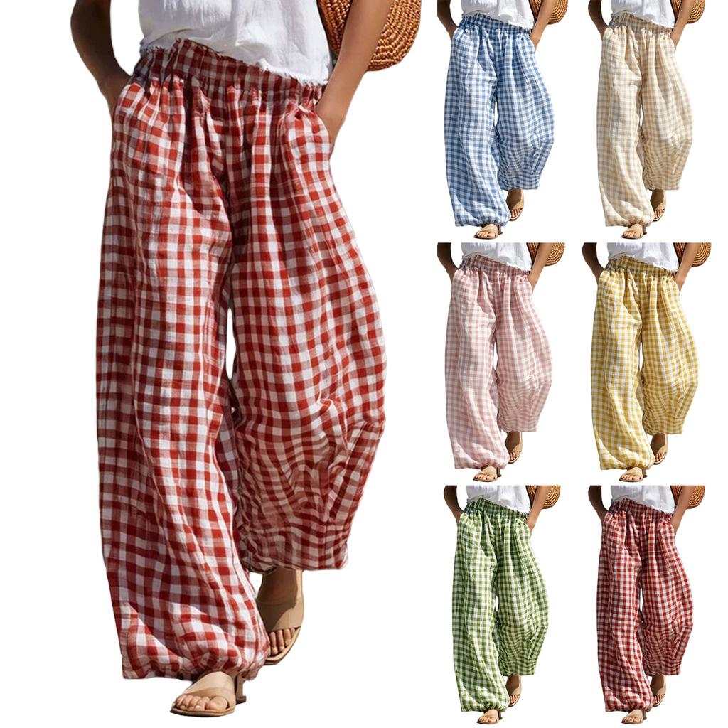 Women's Trendy High Waisted Plaid Pants with Elastic Waistband and Pockets for Casual Daily Wear