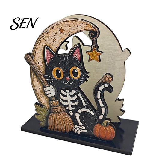 Decorative Wood Tissue Stand Halloween Napkin Holder, Vintage Rustic Dispenser Organizer, Spooky Ghost Playful Holiday Gift for Home Black Cat