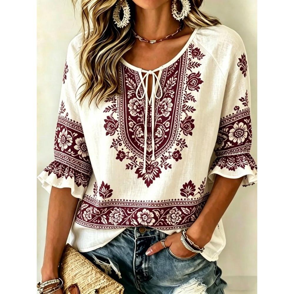 Women's White & Red Paisley Print Tie Neck Blouse, Casual Loose Tops for Spring Summer Daily Wear & Vacation Occasions