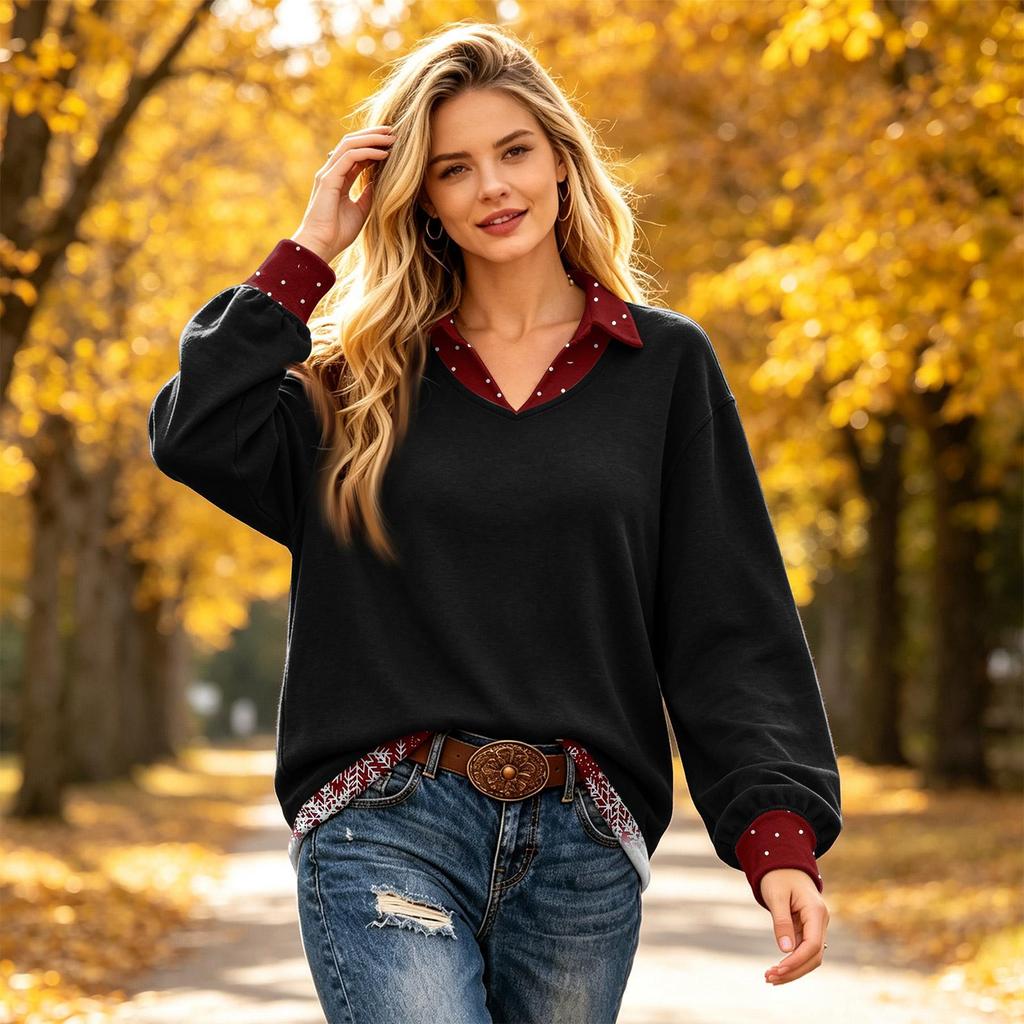 Women's Two-Piece Top with Lapel Collar and Colorblock Patchwork Design for Casual Wear