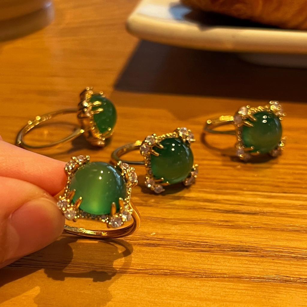 Full Of Green Yang Green Natural Agate Chrysoprase Ring Female Opening Micro-Inlay Real Shot Fidelity