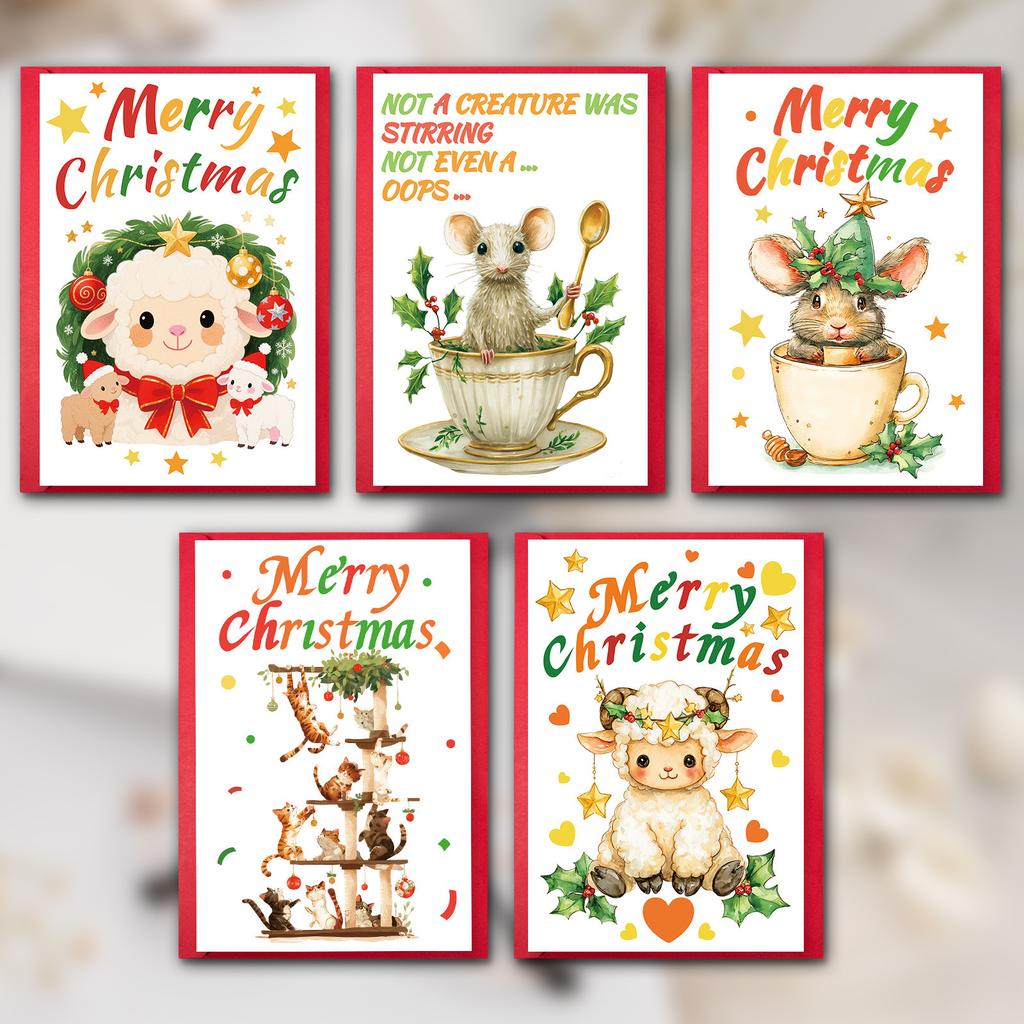 10PCS Cute Cartoon Christmas Greeting Cards Set with Envelopes, Large Size Hand-drawn Xmas Cards for Holiday Wishes & Gifts