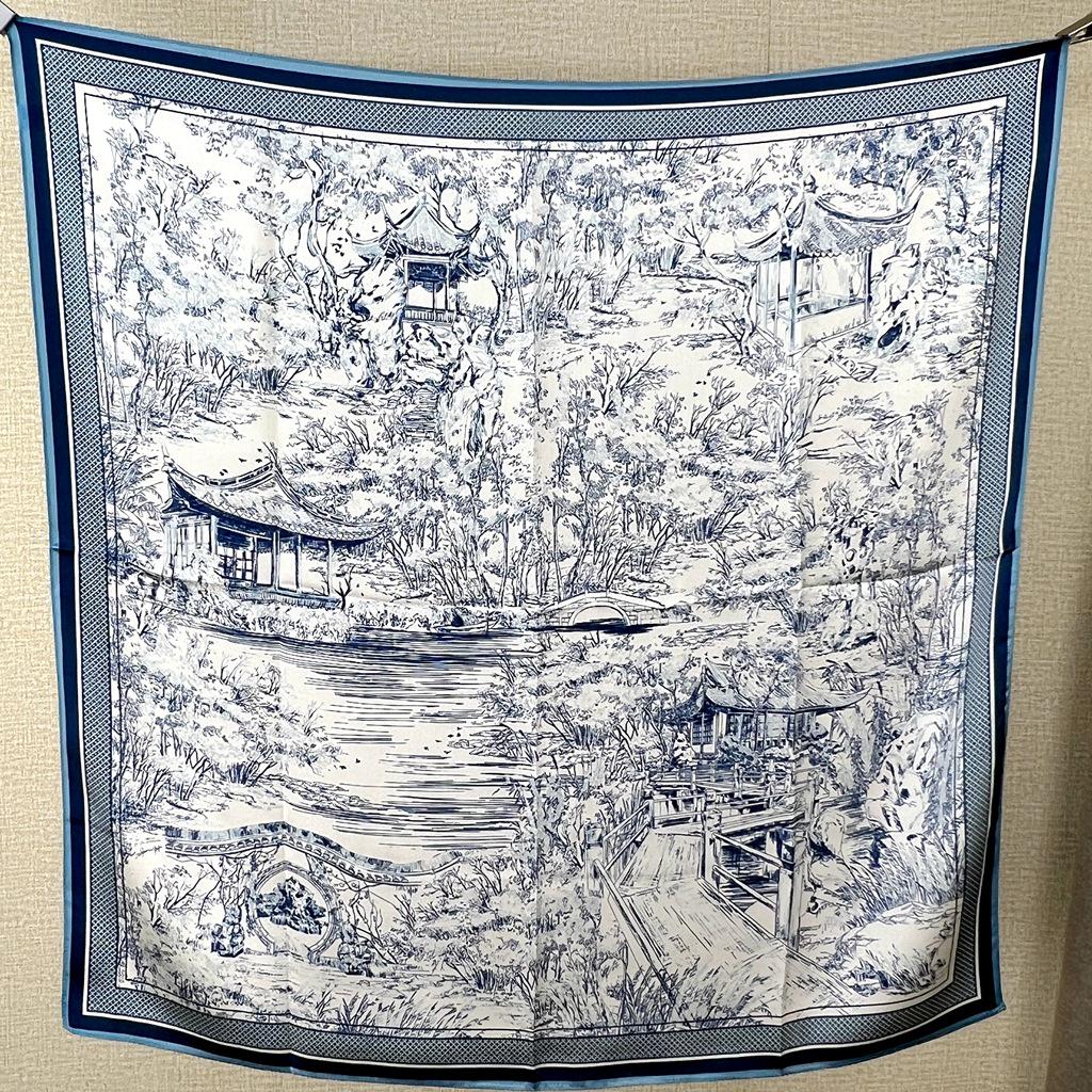 Guochao Lotus Landscape 100% Mulberry Silk Scarf - Versatile Women's Square Shawl