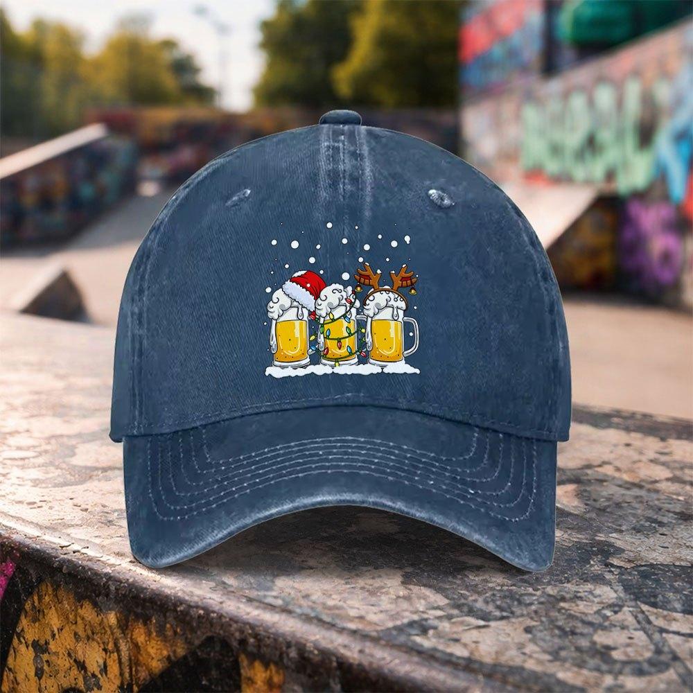 Christmas Beer Mug Print Washed Baseball Cap Unisex Adjustable Cotton Outdoor Casual Snapback Hat