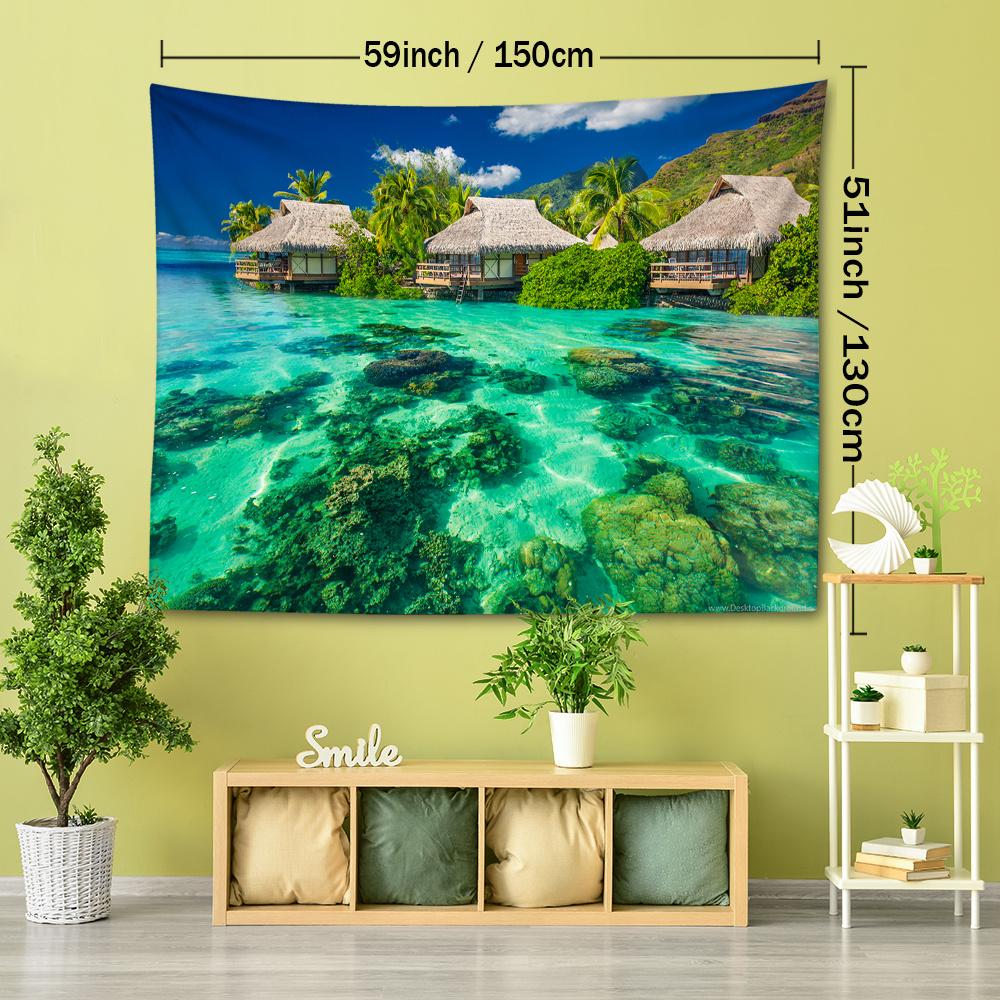 Tropical Ocean House Tapestry, 126x320 Inches, Polyester, Soft and Flat, High-Quality Fabric, No Power Required, Woven, Natural Style Wall Hanging for