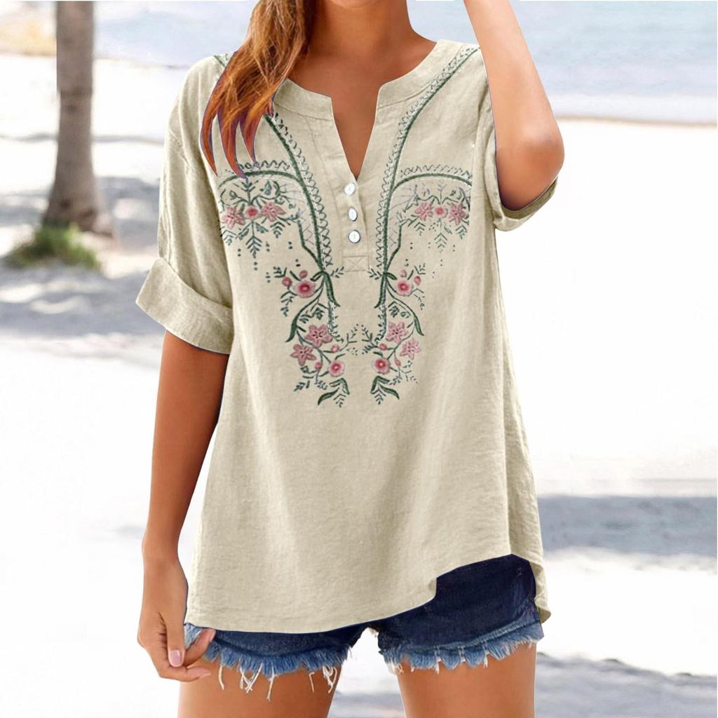 Haut T-shirt Décontracté Tendance pour Femme Coupe Ample Col en V Boutonné Brodé