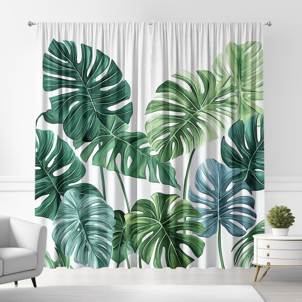 Monstera Leaf Print Curtains Set of 2 Rod Pocket Semi Sheer for Living Room Bedroom Decor 60×150