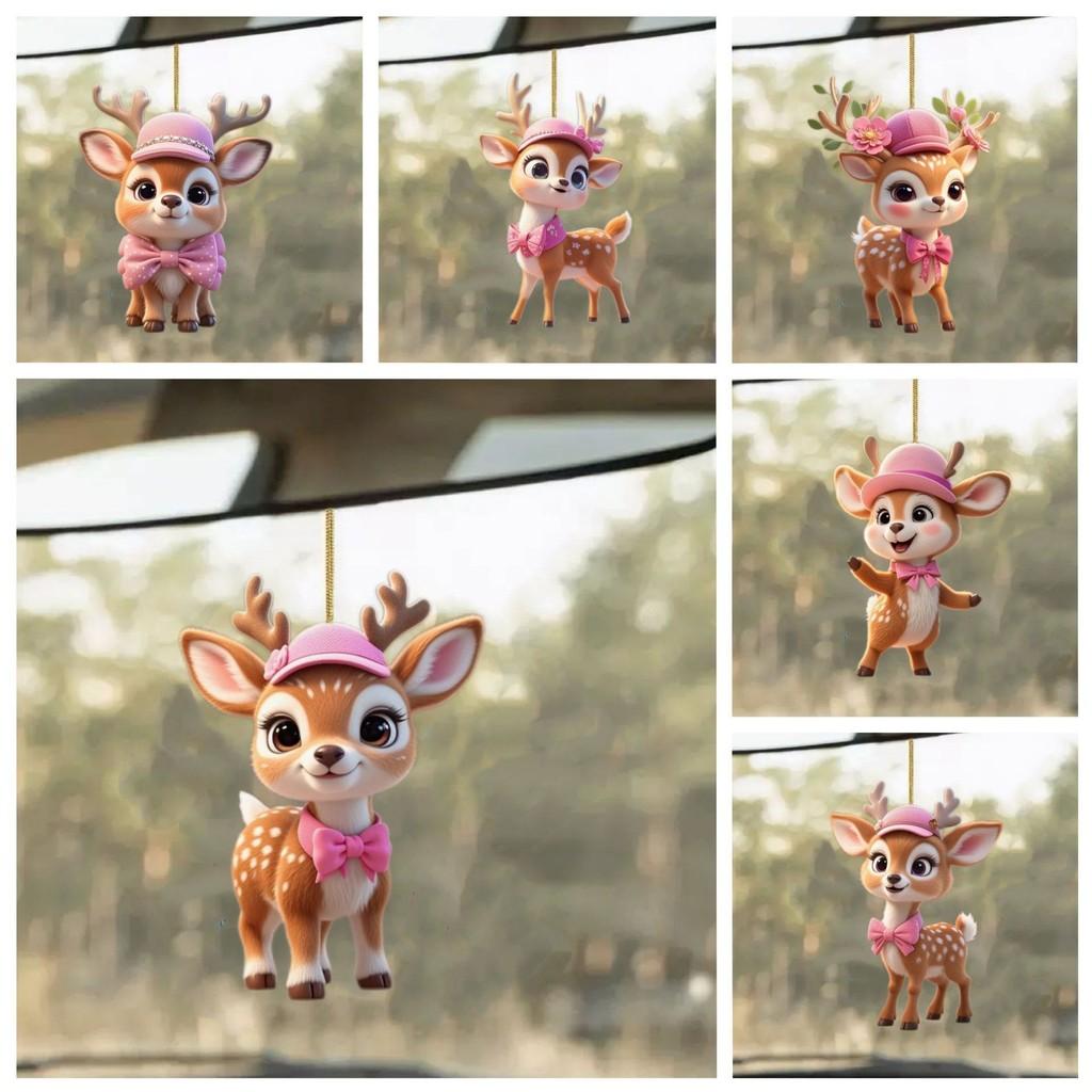 Car Decor Acrylic Cartoon Deer Mirror Ornament With Pink Hat And Bow For Kids Car Interior