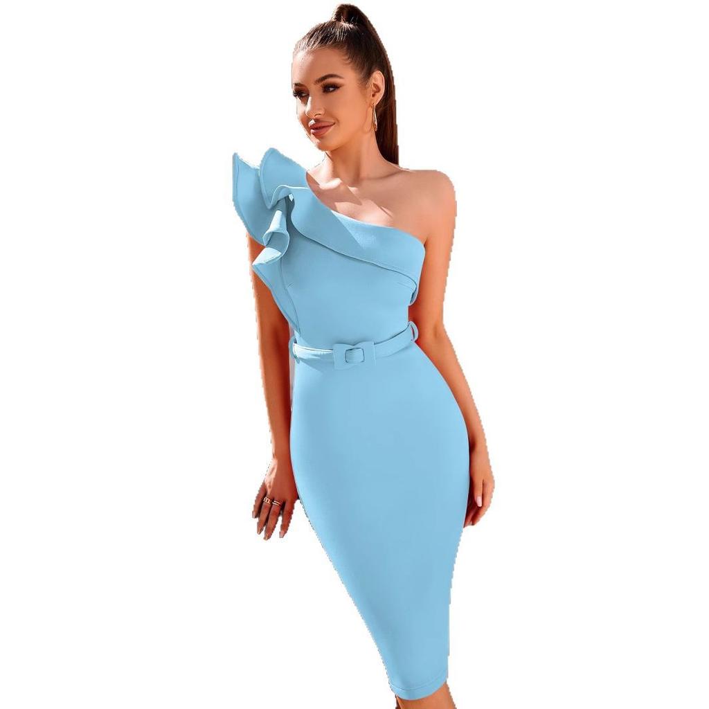 Nouvelle robe de soirée unie à bord festonné, à une épaule, avec ceinture, pour fête, à volants et nœud, dénudée