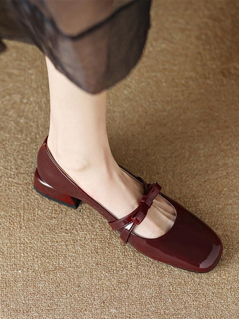 Low heel thick heel bow Mary Jane shoes women's 2025 spring and autumn new patent leather light mouth single shoes