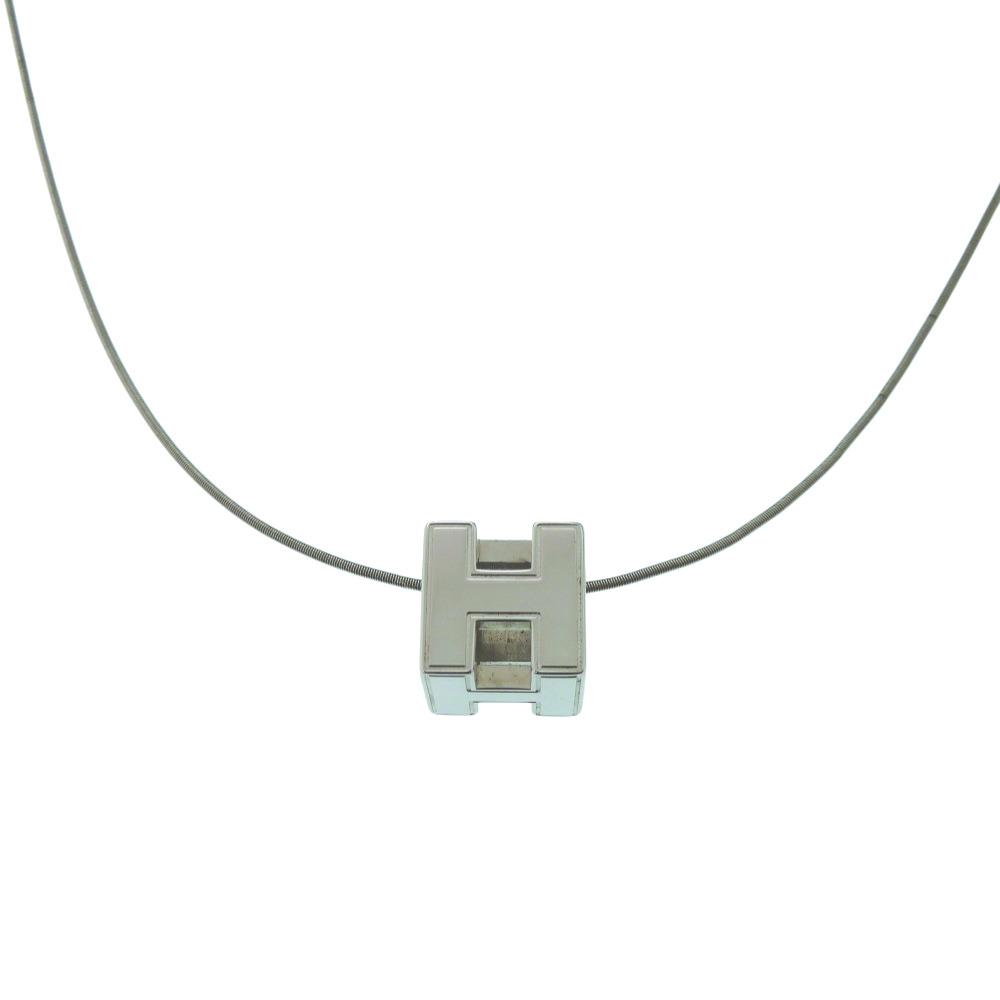 Used AUTHENTIC HERMES Cardue Ash H-cubeNecklace Silver Metal