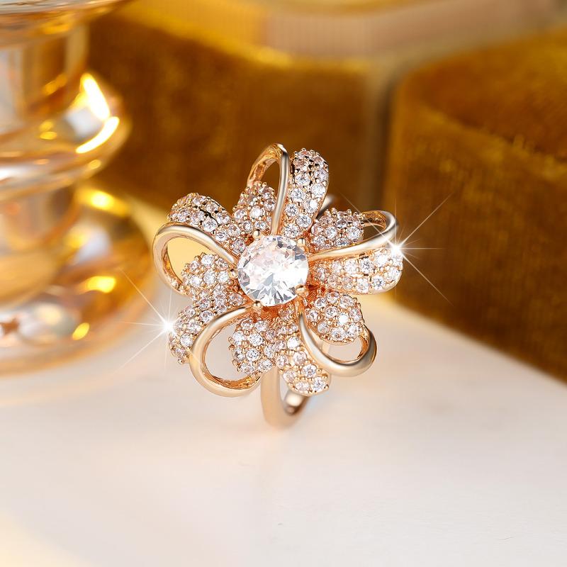 Store Krystallblomstringer Ringer for Kvinner Luksus Gullfarge Forlovelsesring Briljante Fine Smykker