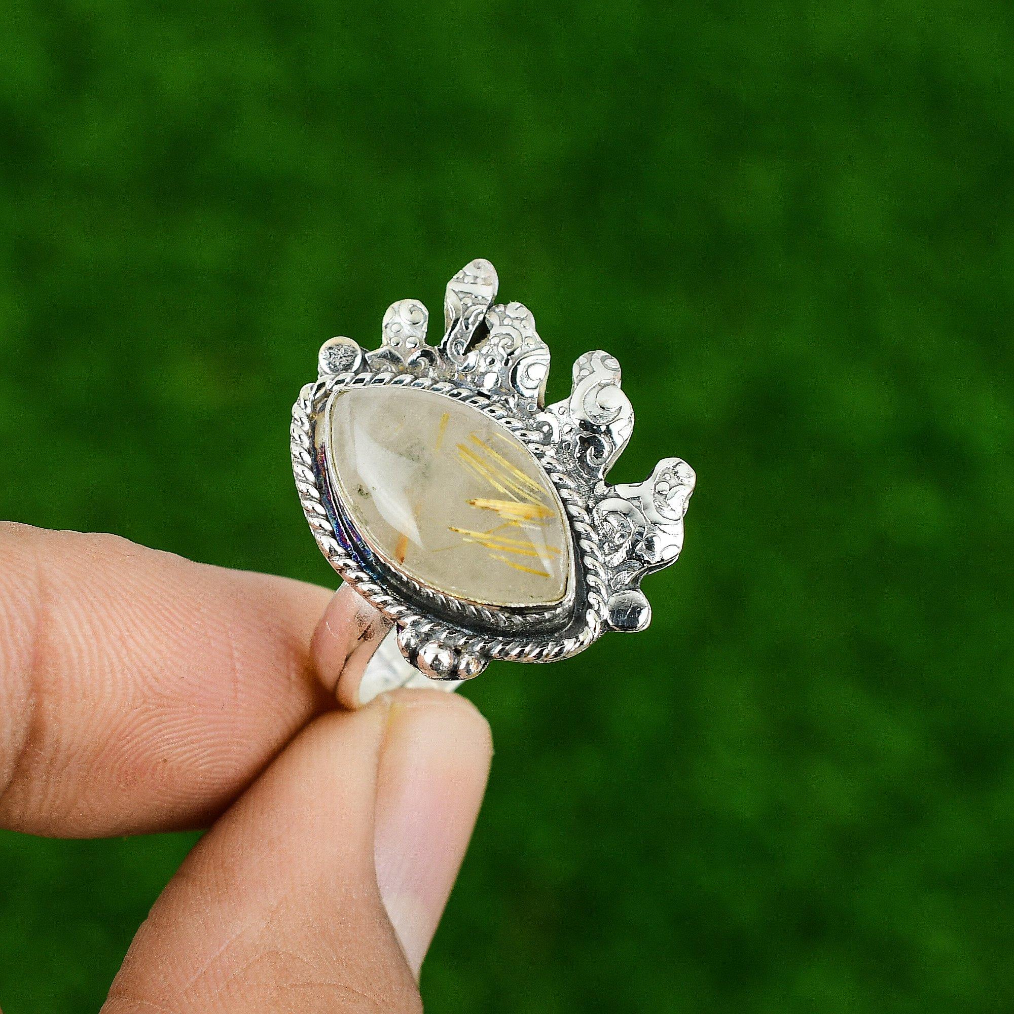 

Natural Golden Rutile Gemstone 925 Silver Promise Adjustable Ring For Women Adjustable