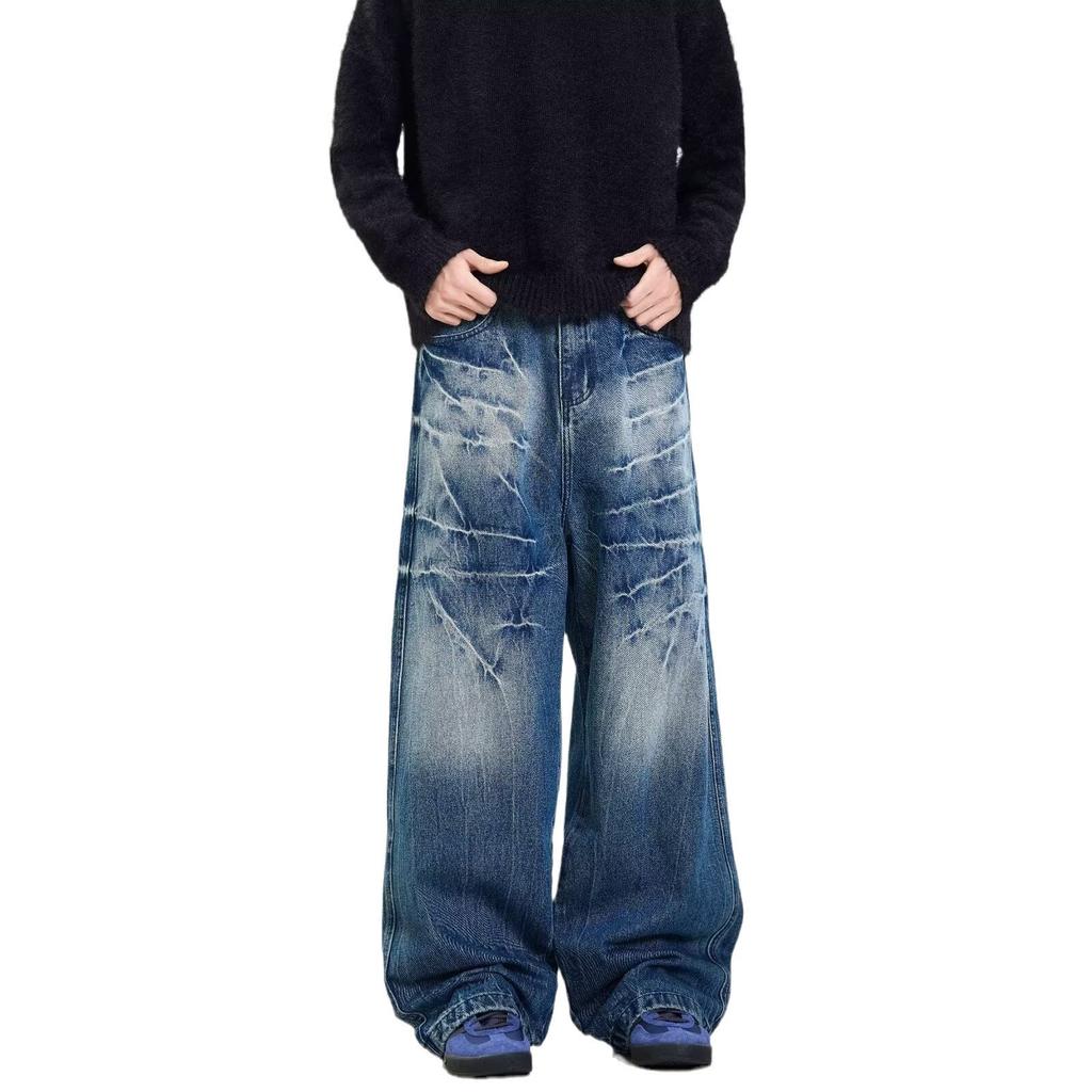 American retro premium feeling washed old lightning pattern jeans men loose straight wide leg baggy long pants