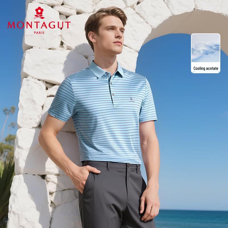 MONTAGUT Men's Summer Breathable Stripe Jacquard Acetate Polo Shirt