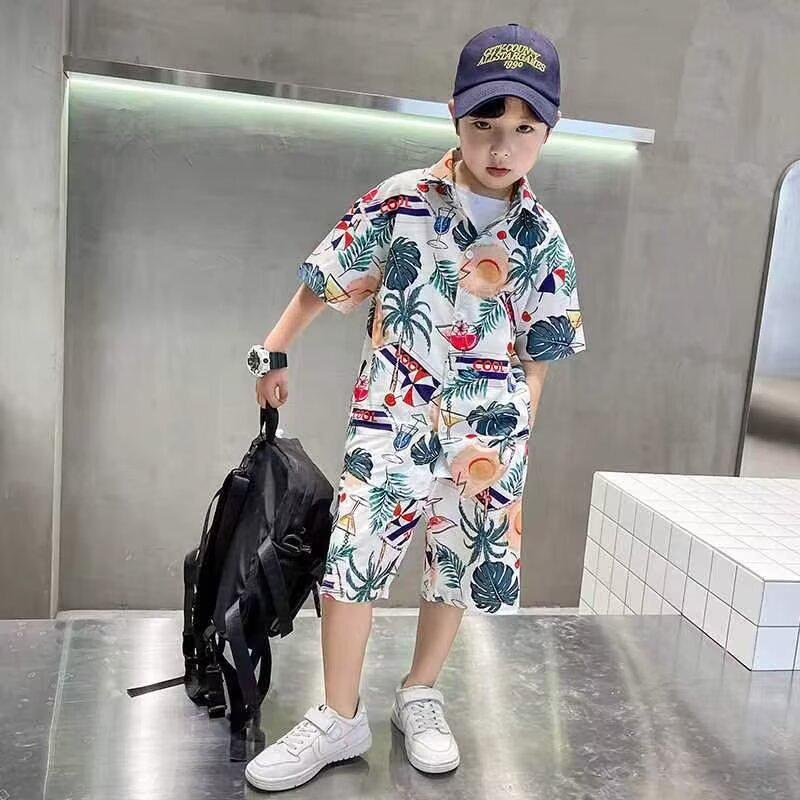 Boys' Hawaiian Floral Shirt & Shorts Set - Stylish Summer Beachwear for Kids