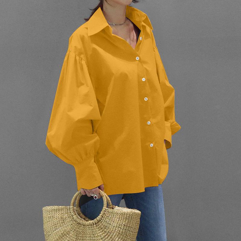 Casual Shirt Casual Lantern Sleeve Lapel Top Vintage Solid Tops Women Ladies Shirt