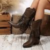 Chaussures à Talon Bloc à Franges Cloutées Vintage avec Fermeture Latérale Bottes Mi-Mollet Pointues à Talons Hauts en Daim Automne Hiver